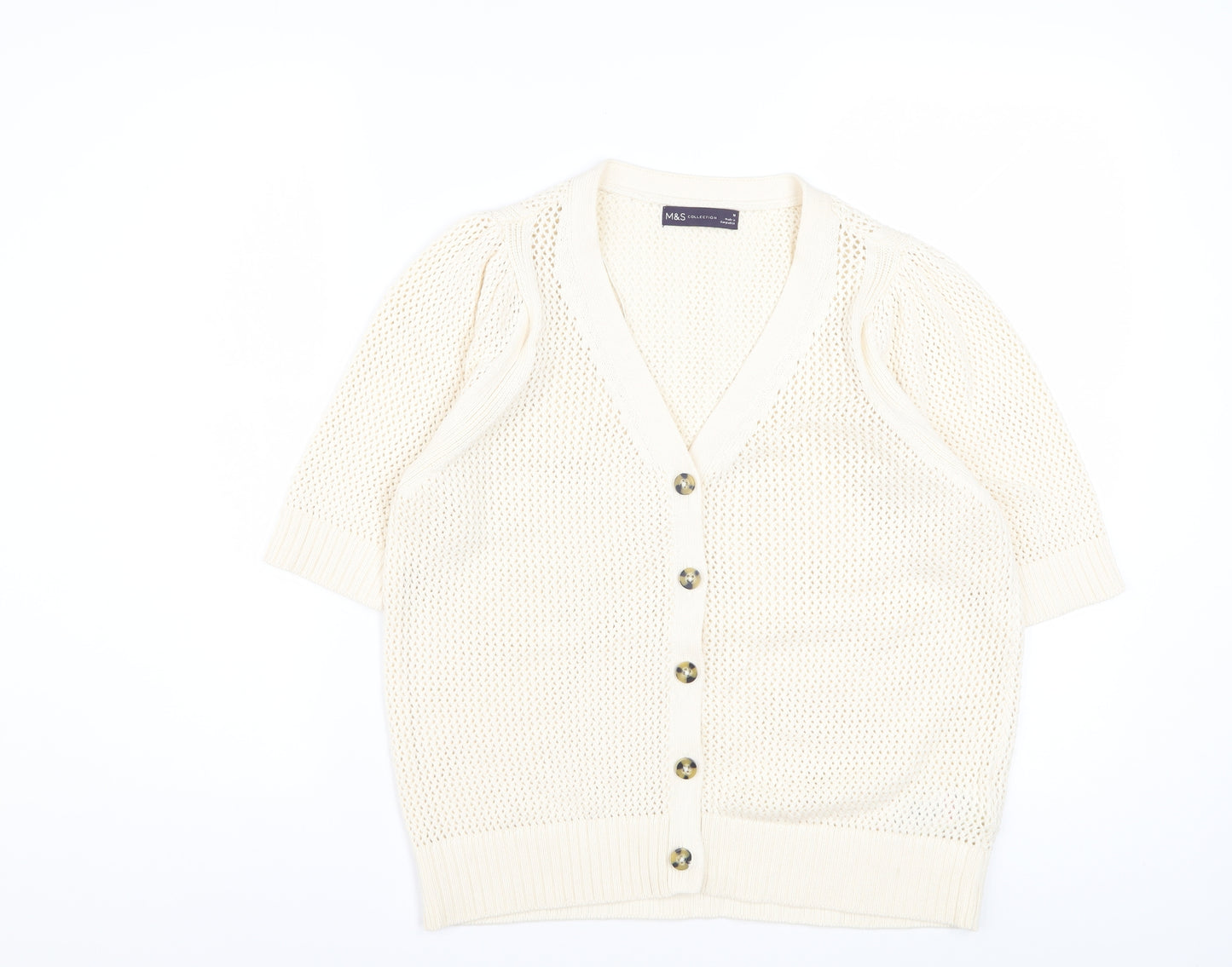 Marks and Spencer Women's Ivory Short Sleeve Open-Knit Cardigan M