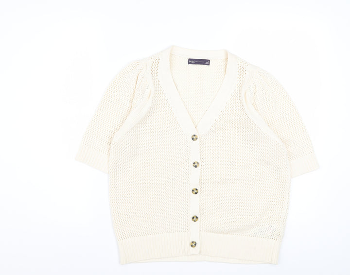 Marks and Spencer Women's Ivory Short Sleeve Open-Knit Cardigan M