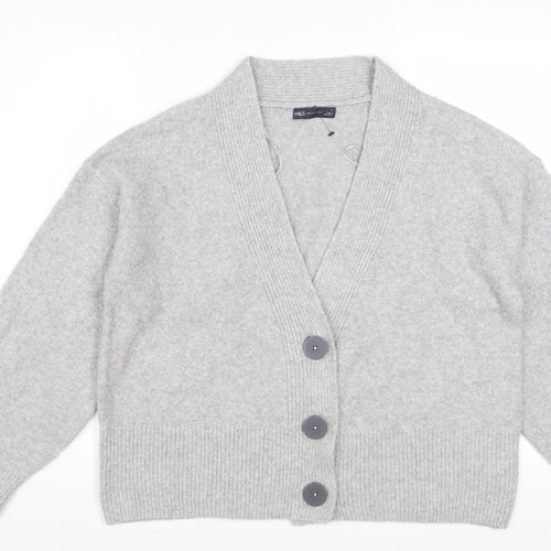 Marks and Spencer Women Grey L V-Neck Button Knit Cardigan