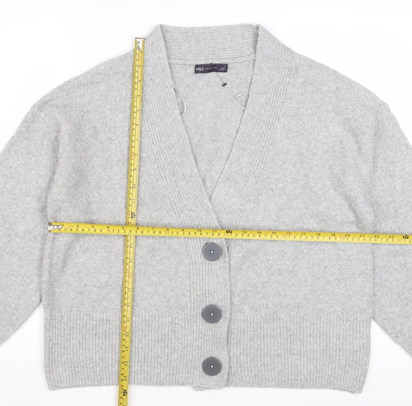 Marks and Spencer Women Grey L V-Neck Button Knit Cardigan