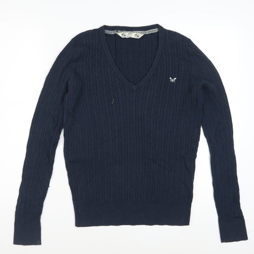 Crew Clothing Co. Women's Blue V-Neck Cable Knit Jumper Size 14