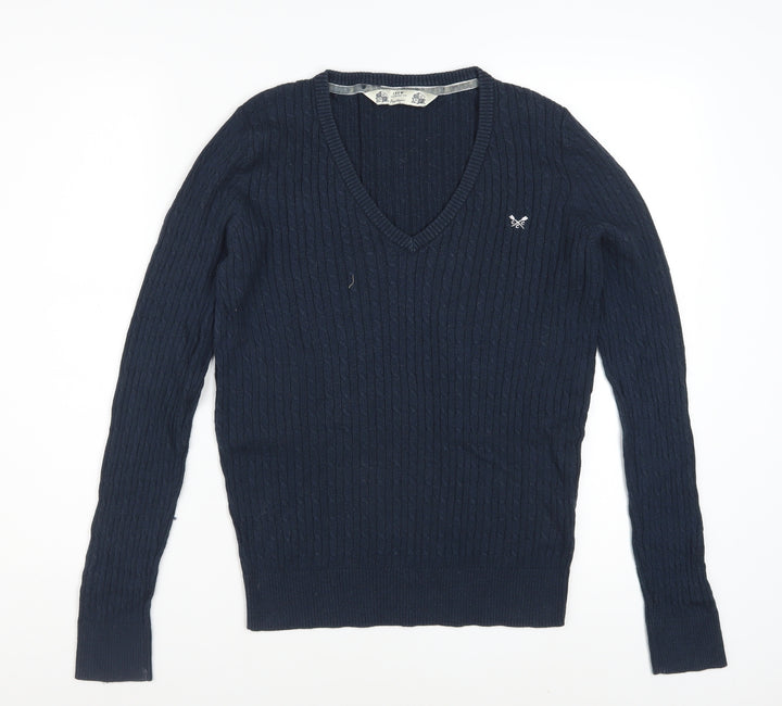 Crew Clothing Co. Women's Blue V-Neck Cable Knit Jumper Size 14