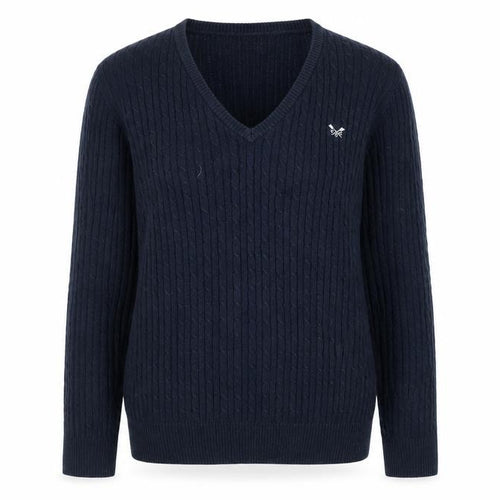 Crew Clothing Co. Women's Blue V-Neck Cable Knit Jumper Size 14