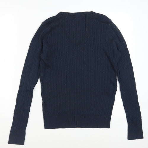 Crew Clothing Co. Women's Blue V-Neck Cable Knit Jumper Size 14