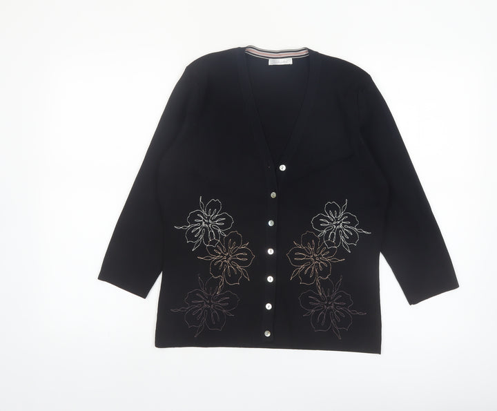 Berkertex Women Black Floral Embroidered Knit Cardigan Size 14