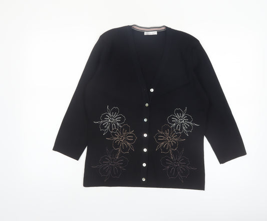 Berkertex Women Black Floral Embroidered Knit Cardigan Size 14
