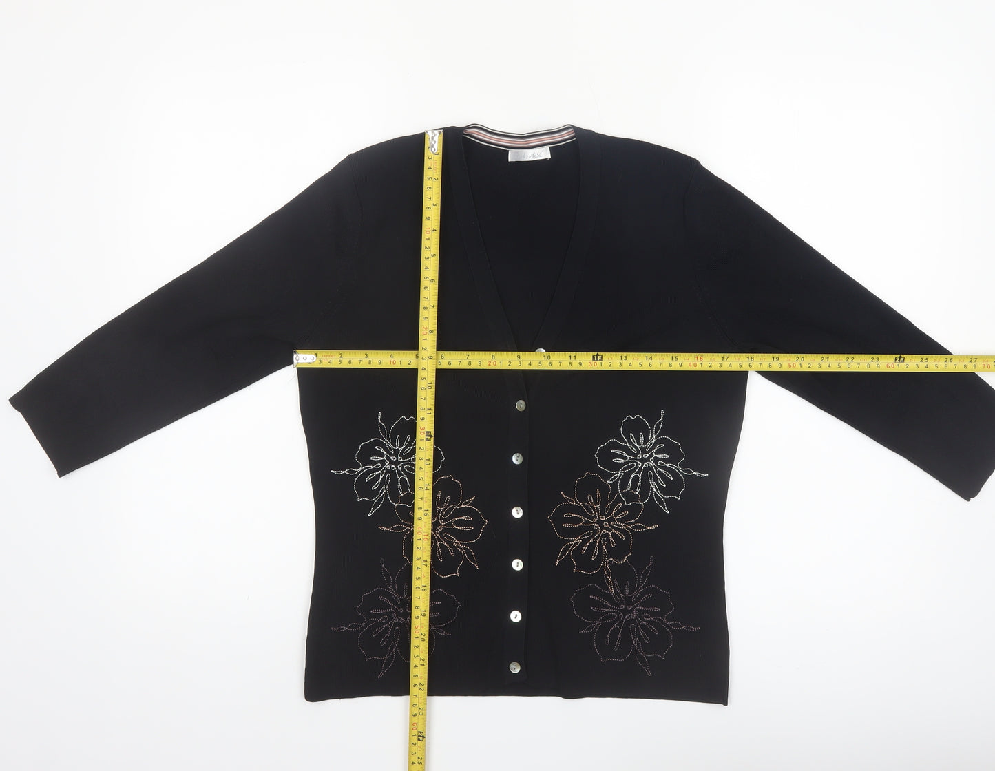 Berkertex Women Black Floral Embroidered Knit Cardigan Size 14