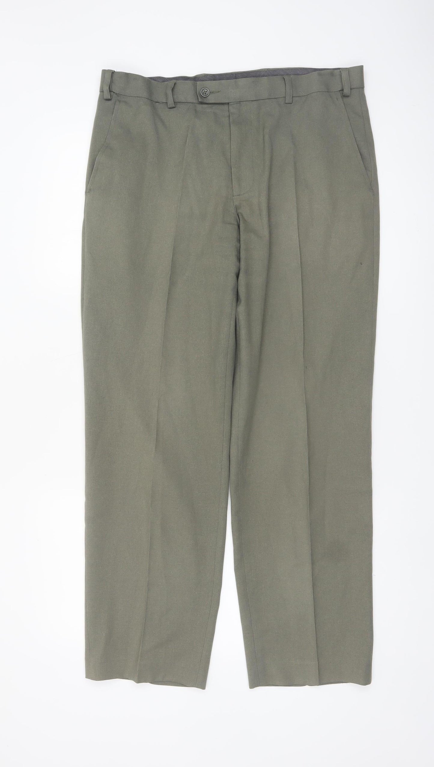 Marks and Spencer Men's Green Regular Fit Pleated Trousers 34W 31L