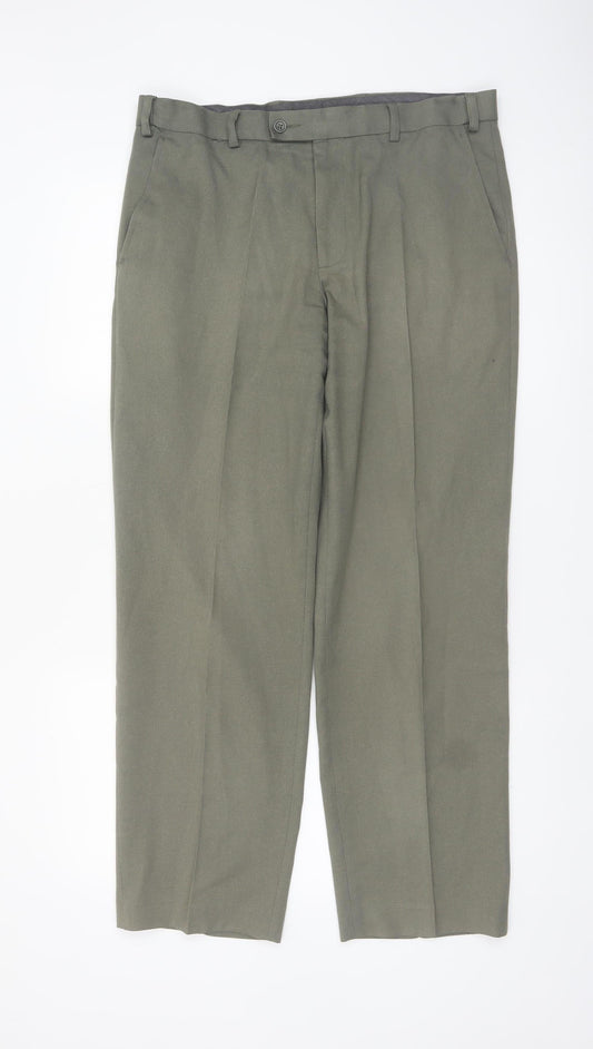 Marks and Spencer Men's Green Regular Fit Pleated Trousers 34W 31L