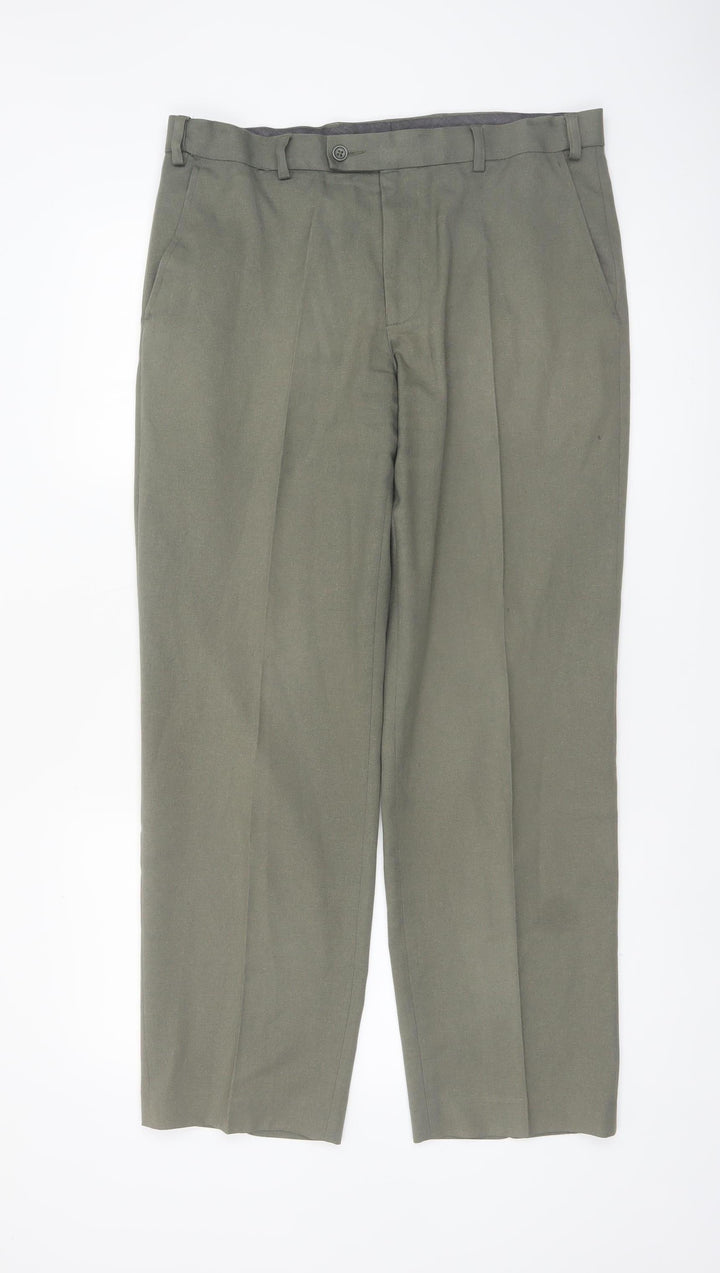 Marks and Spencer Men's Green Regular Fit Pleated Trousers 34W 31L
