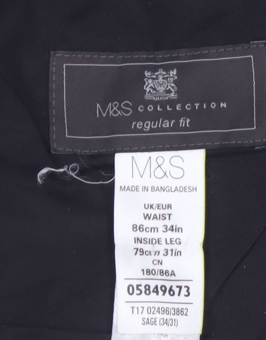 Marks and Spencer Men's Green Regular Fit Pleated Trousers 34W 31L