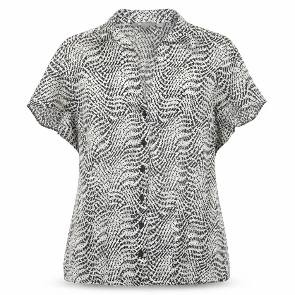 Front view of Mia Moda women’s black geometric button-up shirt, size UK 12
