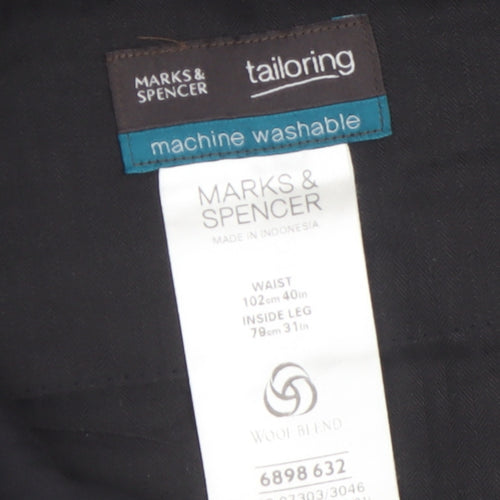 Marks and Spencer Men's Black Wool Blend Pleated Dress Trousers 40W 31L