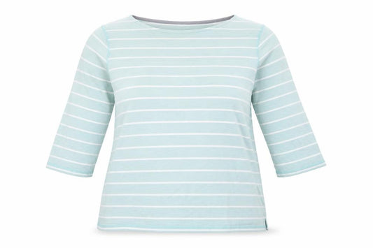 Front view of Mountain Warehouse women’s blue striped 3/4 sleeve cotton boat neck top uk 20