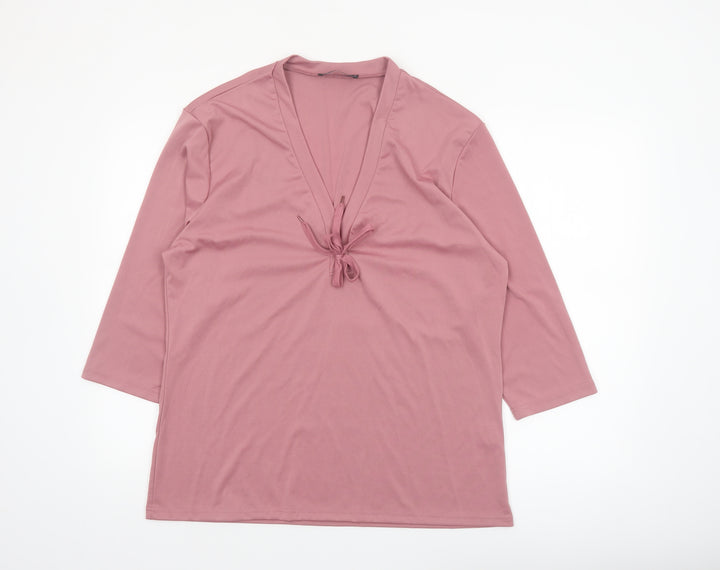 Incerun Women’s Pink 3XL Tunic Top with Tie V-Neck 3/4 Sleeve
