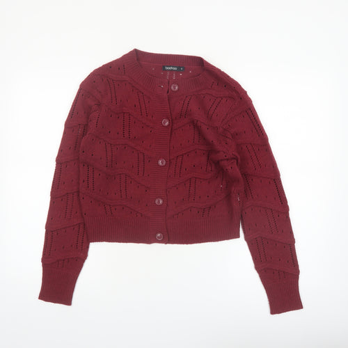 Boohoo Women's Red Open-Knit Long Sleeve Cardigan Size S