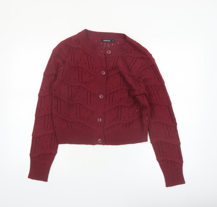 Boohoo Women's Red Open-Knit Long Sleeve Cardigan Size S