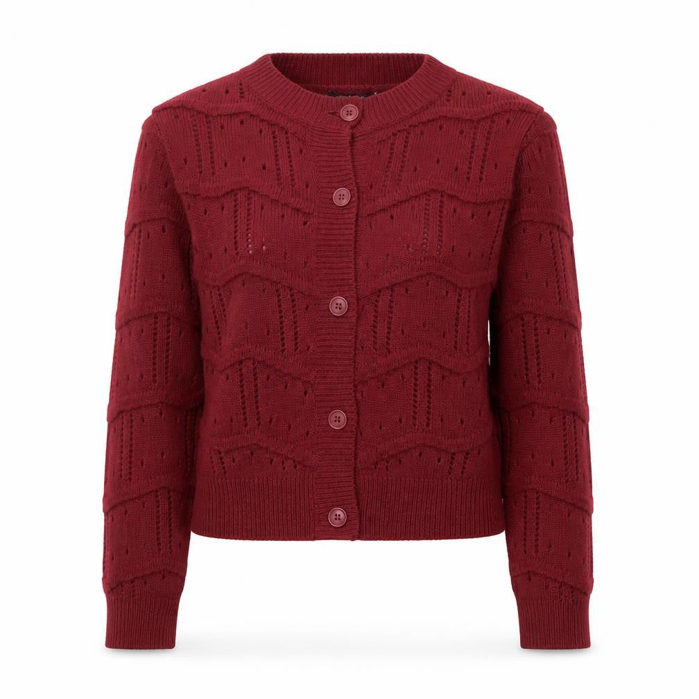 Front view of Boohoo Women's Red Open-Knit Long Sleeve Cardigan, size S