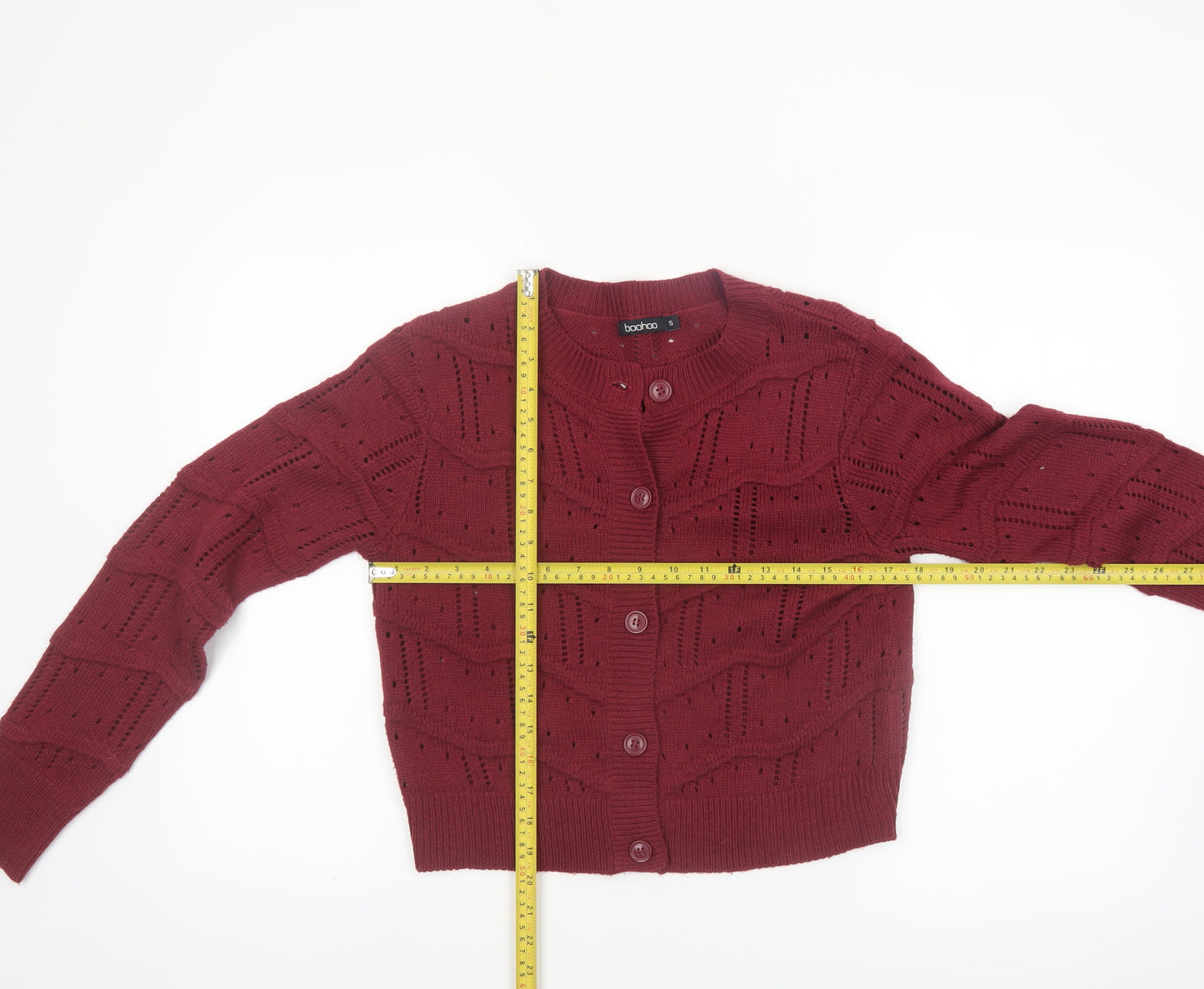 Boohoo Women's Red Open-Knit Long Sleeve Cardigan Size S