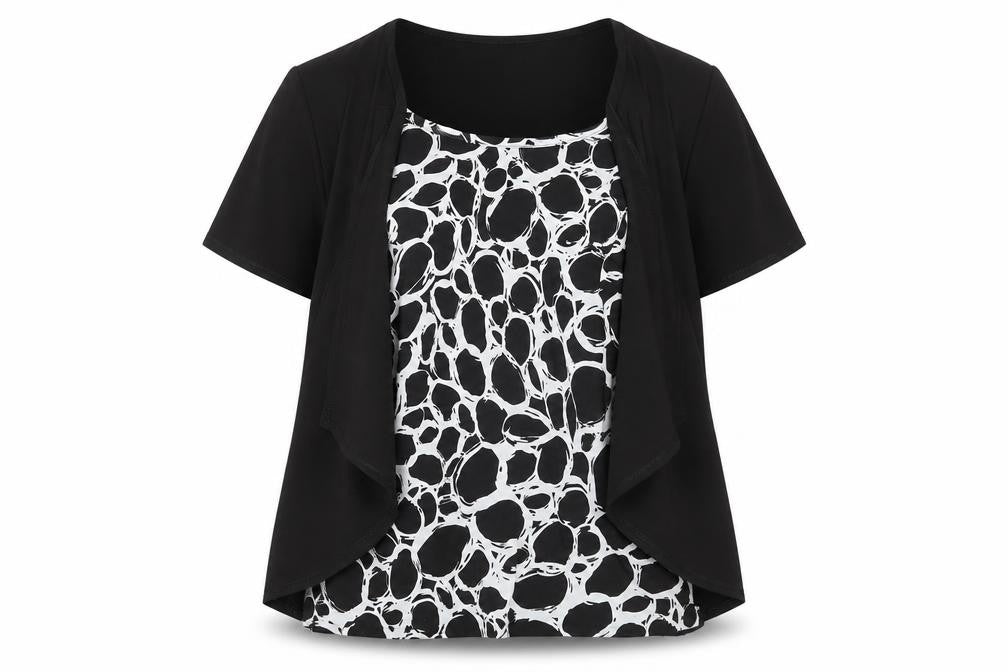 Front view of Sarah Hamilton Women's Black Geometric Tunic Blouse, size 16