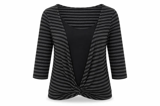 Front view of Wallis women’s black striped wrap jersey top, size UK 18, 3/4 sleeve