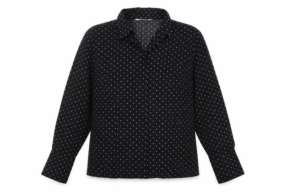 Front view of Amaranto women’s black polka dot long sleeve collared blouse, size UK 14