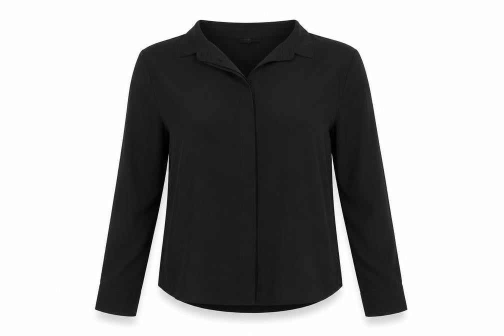 Front view of New Look Women's Black Long Sleeve Button-Up Chiffon Shirt, size 10
