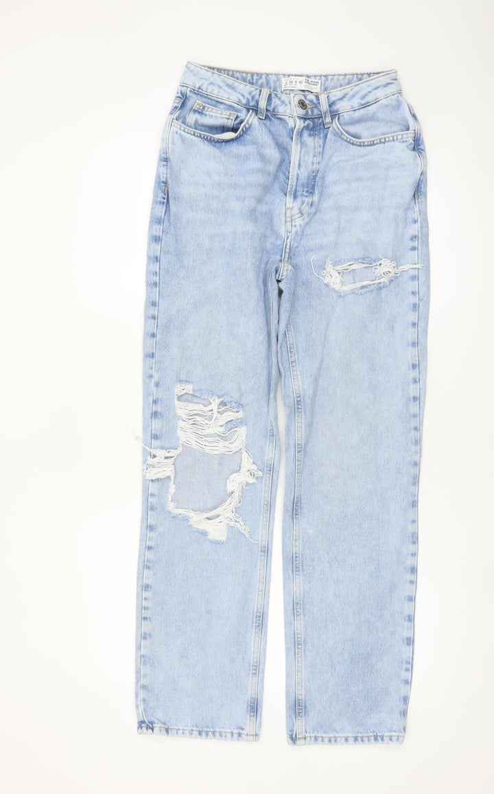 Primark Women Blue Size 8 High Rise Distressed Mom Jeans