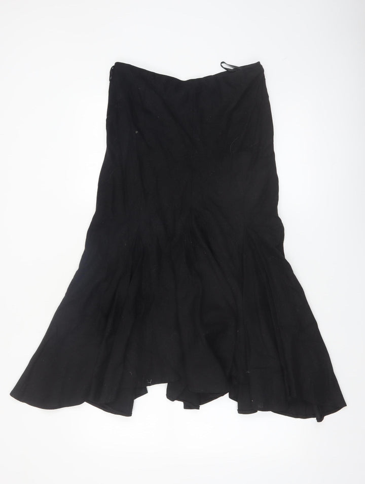 Wallis Women Black Linen Blend Flared Midi Skirt Size 12 Petite