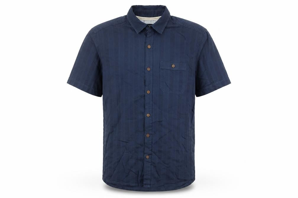 Front view of Boston Crew Men's Blue Cotton Short Sleeve Button-Up Shirt, size S