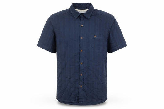 Front view of Boston Crew Men's Blue Cotton Short Sleeve Button-Up Shirt, size S