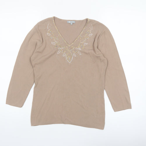 Mia Moda Women's Beige Beaded V-Neck Knit Blouse M