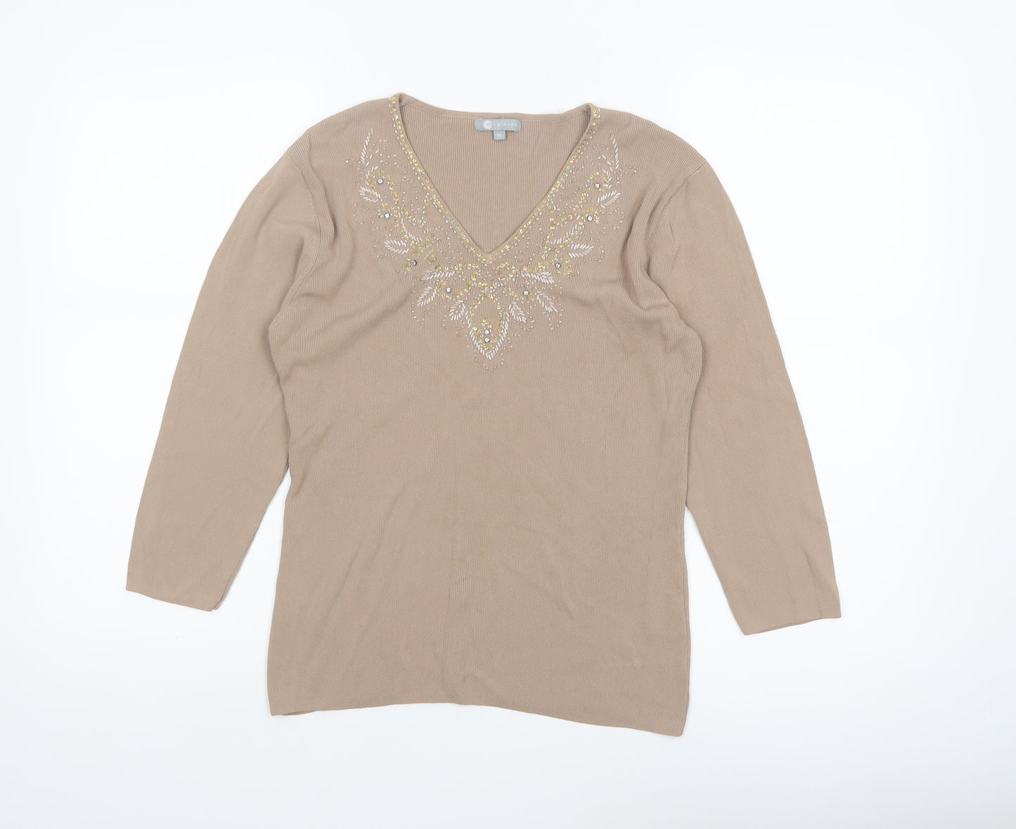 Mia Moda Women's Beige Beaded V-Neck Knit Blouse M