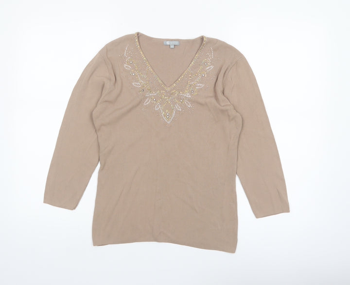 Mia Moda Women's Beige Beaded V-Neck Knit Blouse M