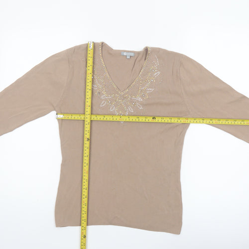 Mia Moda Women's Beige Beaded V-Neck Knit Blouse M