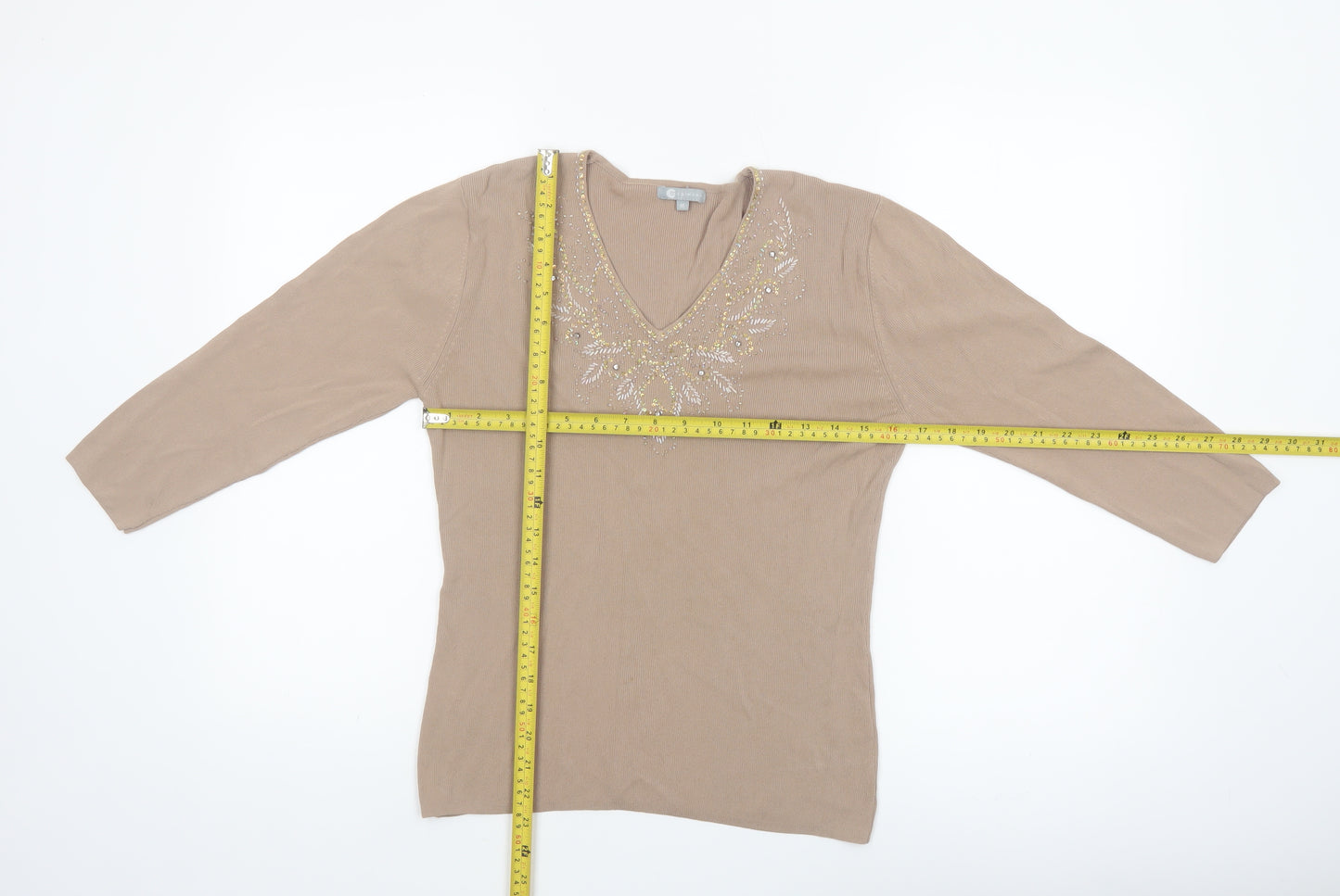 Mia Moda Women's Beige Beaded V-Neck Knit Blouse M