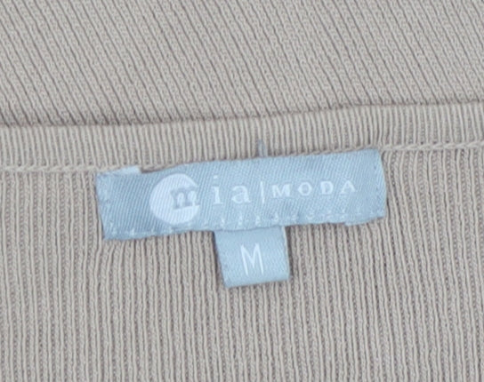 Mia Moda Women's Beige Beaded V-Neck Knit Blouse M