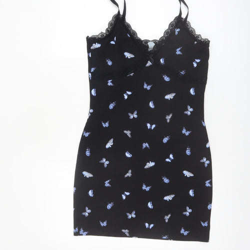 H&M Divided Black Butterfly Slip Dress Women’s Size 12 Lace Trim