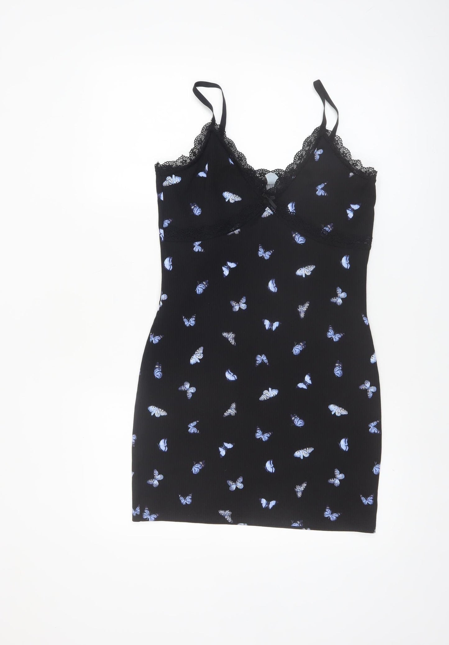 H&M Divided Black Butterfly Slip Dress Women’s Size 12 Lace Trim
