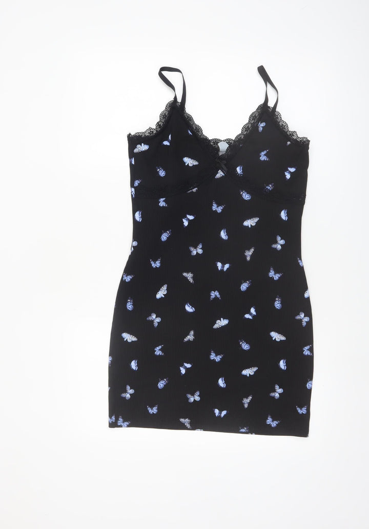 H&M Divided Black Butterfly Slip Dress Women’s Size 12 Lace Trim
