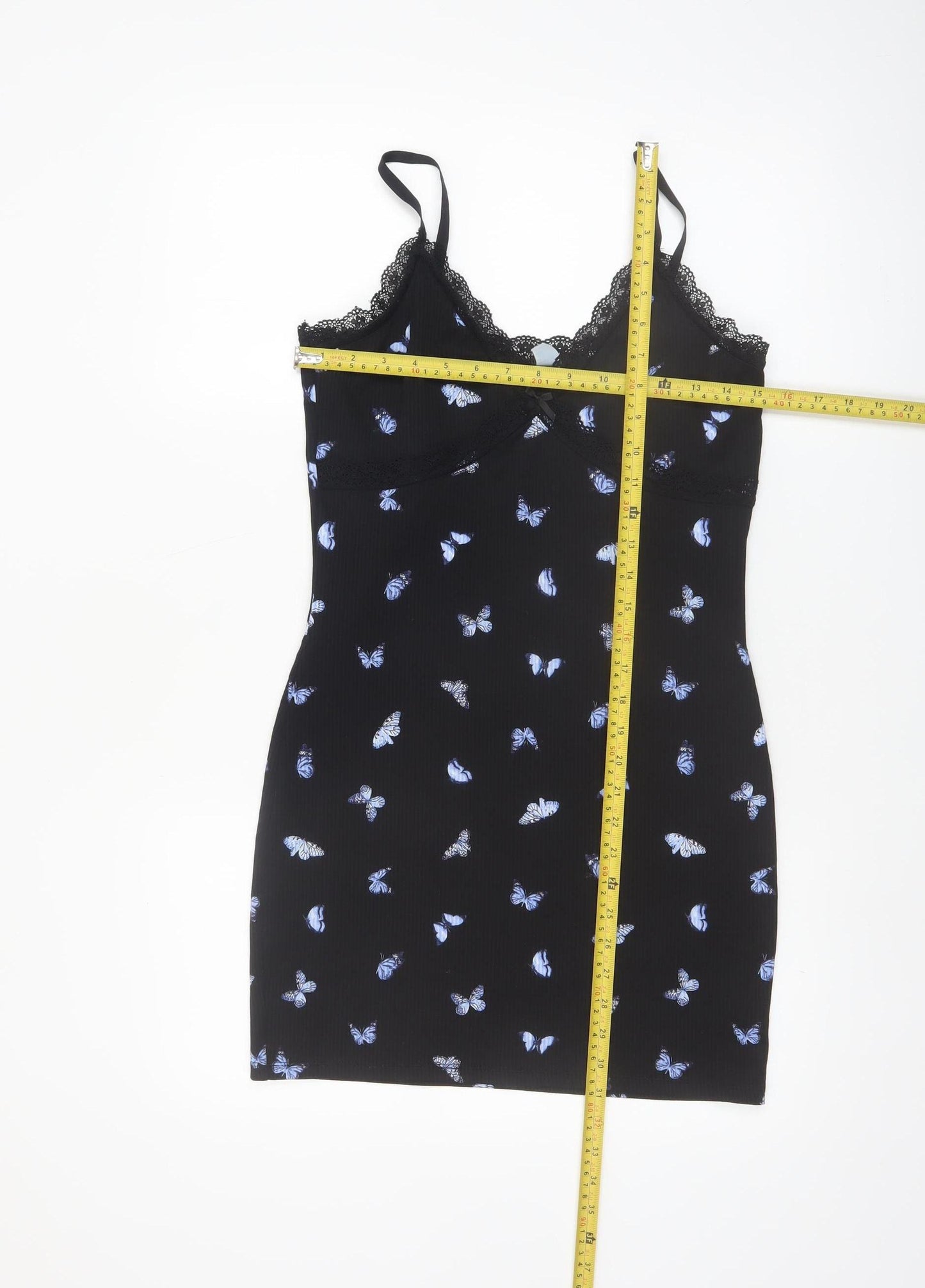 H&M Divided Black Butterfly Slip Dress Women’s Size 12 Lace Trim