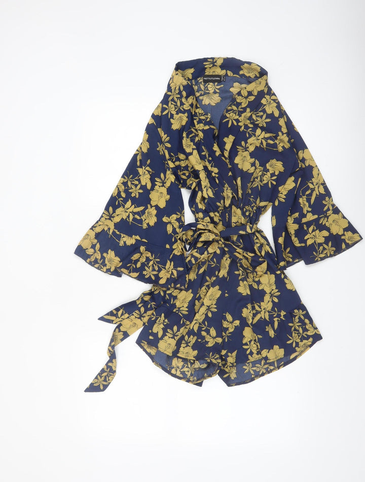 PrettyLittleThing Womens Navy Floral Wrap Playsuit Size 8