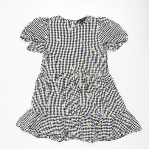 New Look Women's Black Gingham Embroidered Puff Sleeve A-Line Dress Size 10