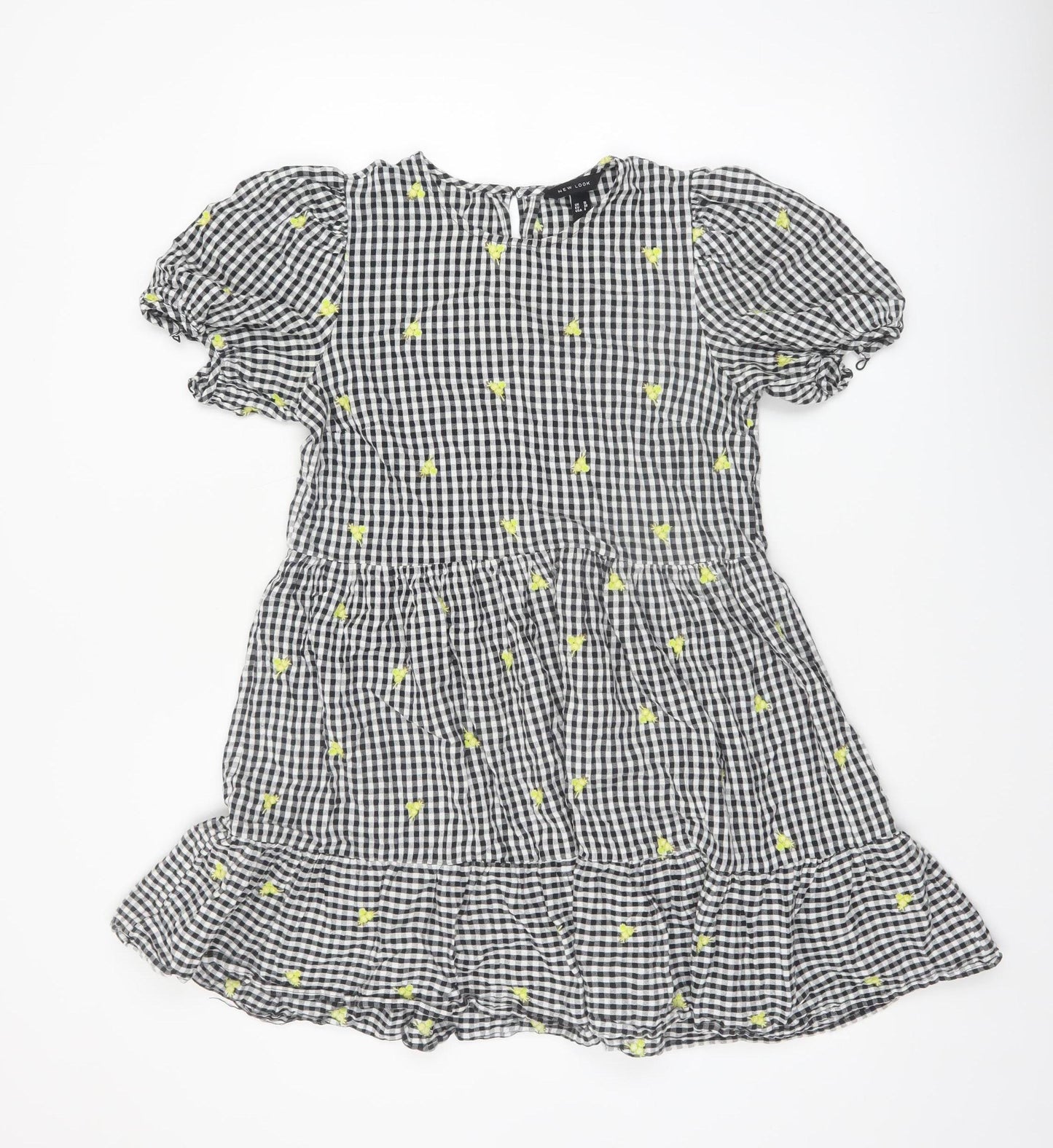New Look Women's Black Gingham Embroidered Puff Sleeve A-Line Dress Size 10