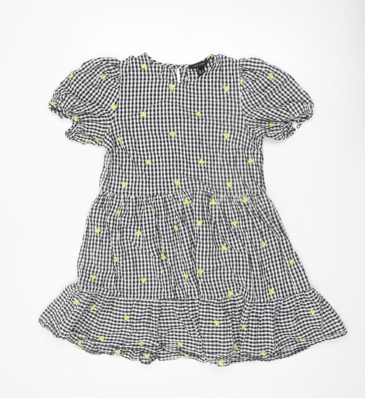 New Look Women's Black Gingham Embroidered Puff Sleeve A-Line Dress Size 10