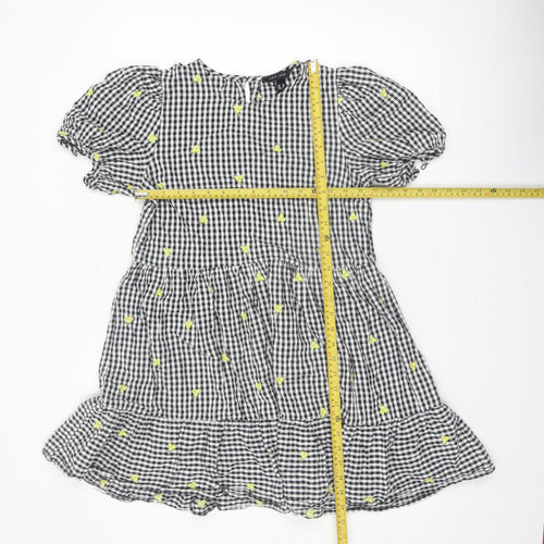 New Look Women's Black Gingham Embroidered Puff Sleeve A-Line Dress Size 10