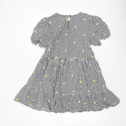 New Look Women's Black Gingham Embroidered Puff Sleeve A-Line Dress Size 10