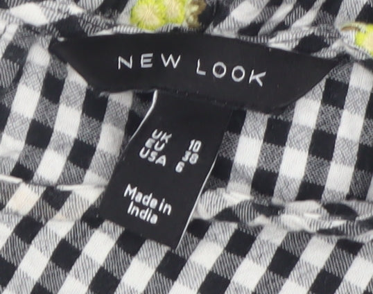 New Look Women's Black Gingham Embroidered Puff Sleeve A-Line Dress Size 10