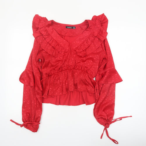 Boohoo Women’s Red Ruffle V-Neck Blouse Size 10 Long Sleeve