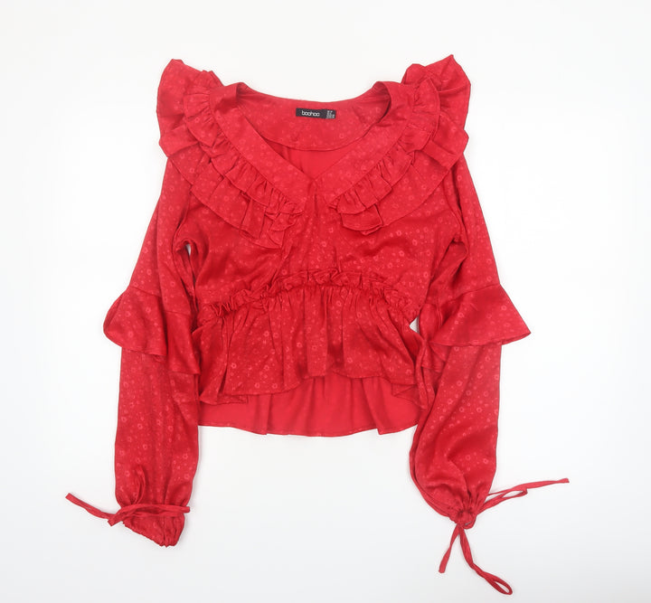Boohoo Women’s Red Ruffle V-Neck Blouse Size 10 Long Sleeve